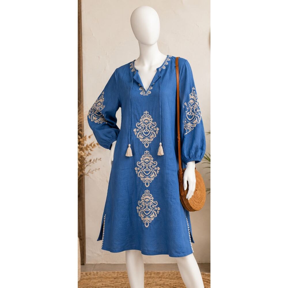 Soft Surroundings Blue Embroidered Linen M Blend Boho kaftan tunic Dress India